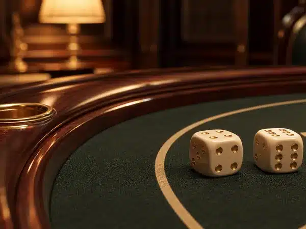 Decorative ivory dice on green casino table felt