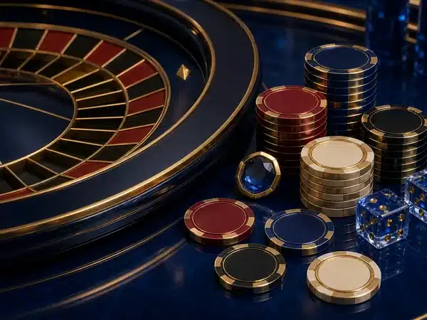 Decorative roulette wheel with coloured chips and blue dice