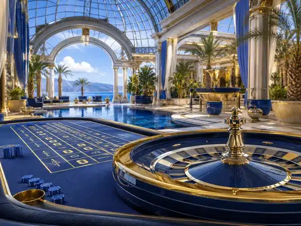 Decorative roulette table inside a bright blue and gold gaming hall