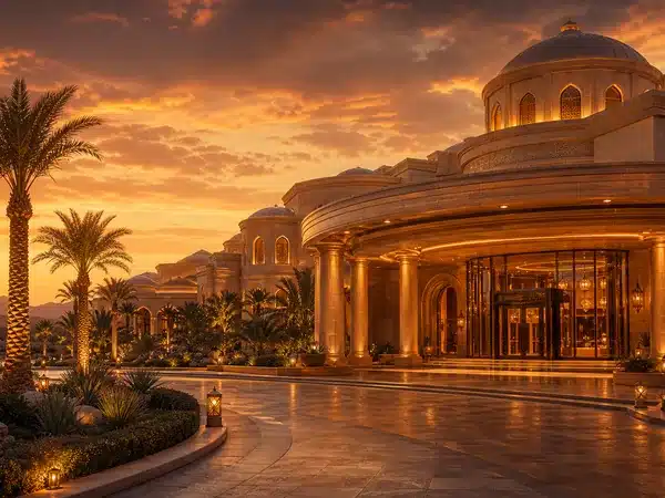 Decorative resort entrance and palm trees at sunset