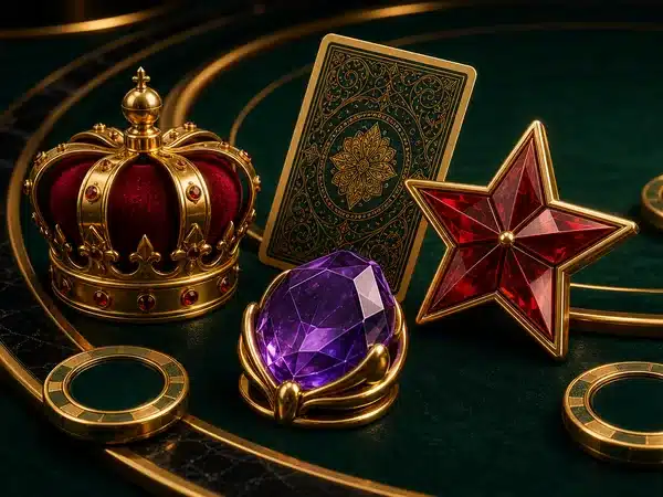 Decorative crown, card and gemstones on green felt