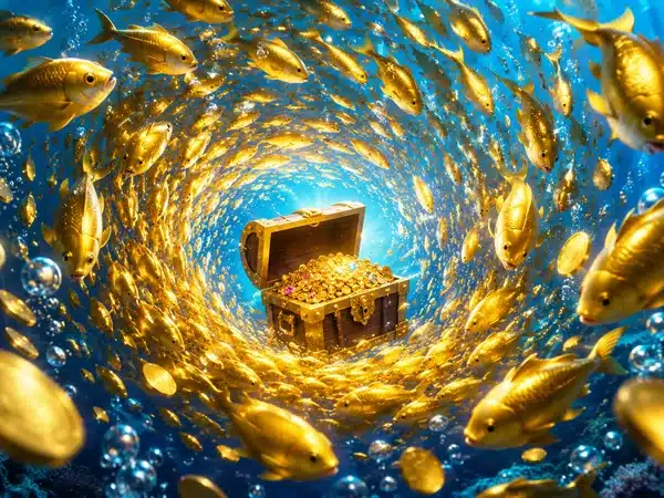 Decorative underwater treasure chest surrounded by golden fish