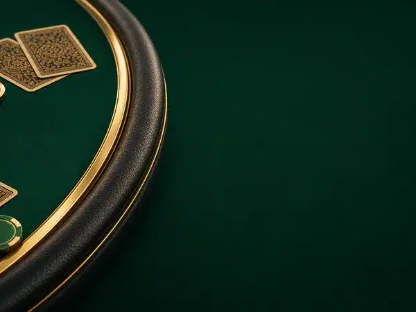 Decorative green casino table edge with face-down playing cards