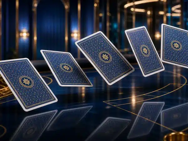Decorative blue-backed playing cards above a reflective table