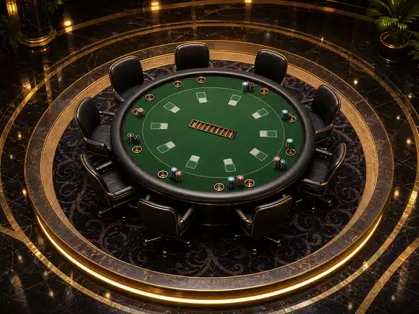 Decorative overhead view of a green casino table and chairs