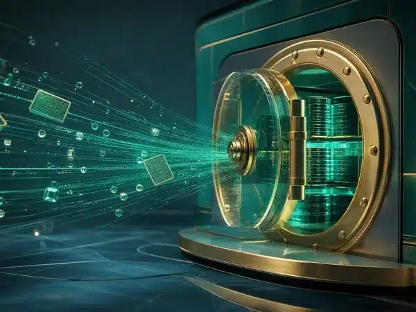Decorative digital vault illustration with green light trails