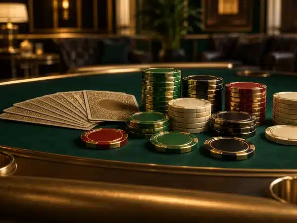 Decorative casino table with chips and face-down cards