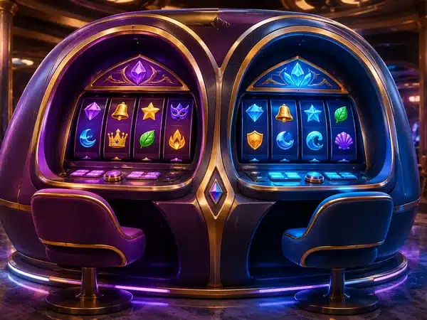 Decorative purple and blue slot machines