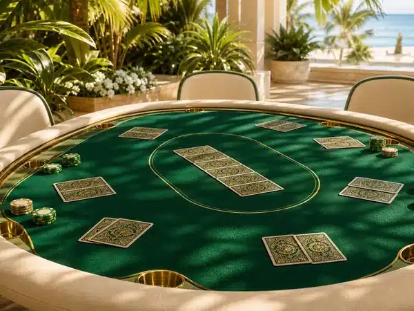 Decorative face-down playing cards on green felt in a sunny tropical lounge