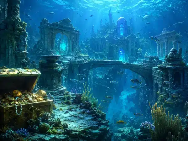 Decorative fantasy underwater ruins and a treasure chest