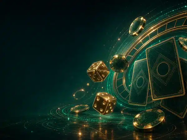 Decorative green and gold casino cards, dice and chips
