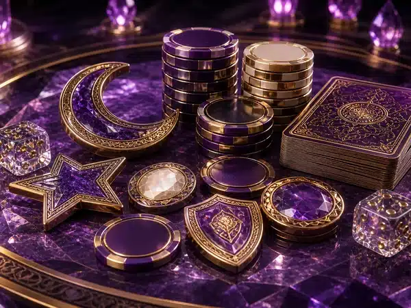 Decorative purple cards, chips and gemstone motifs
