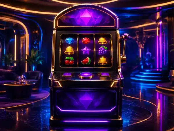 Decorative slot machine in a purple and blue casino interior