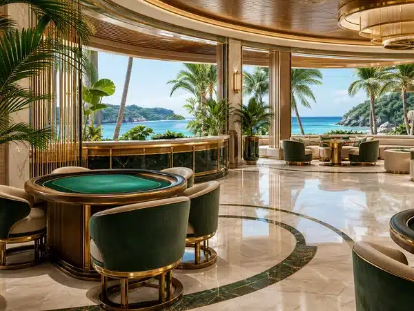 Decorative green gaming tables in a bright tropical lounge