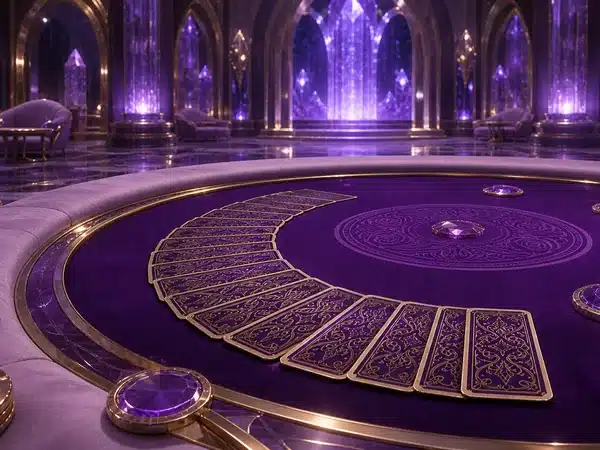 Decorative face-down cards on a purple and gold table