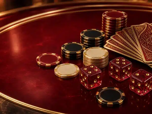 Decorative red dice, coloured chips and face-down playing cards