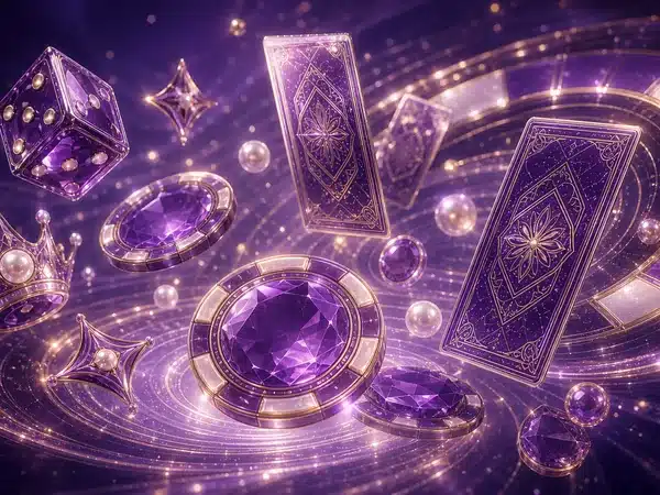 Decorative purple cards, dice and faceted jewels