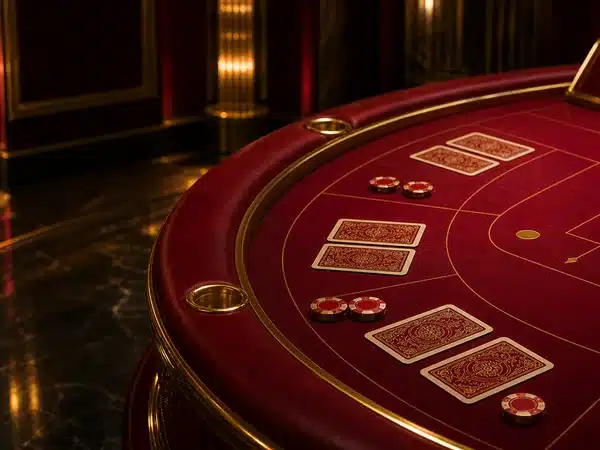 Decorative red card table with face-down cards and chips
