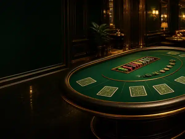 Decorative green card table with cards and chips in a dim lounge