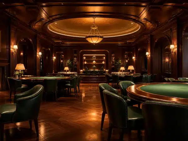 Decorative wood-panelled gaming lounge with green tables and warm lighting