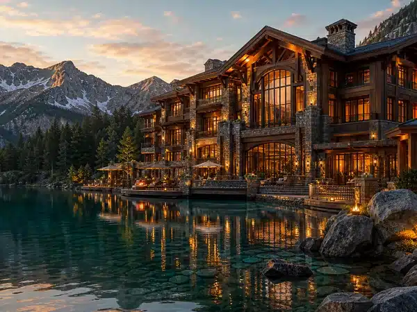 Decorative lakeside lodge illustration with mountains and evening lights