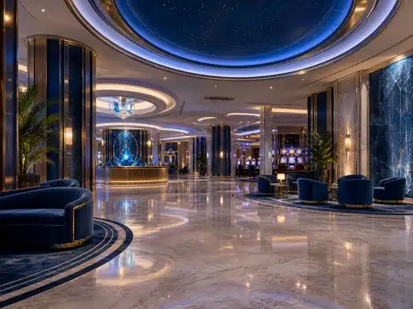 Decorative blue-and-gold lounge interior with a circular ceiling