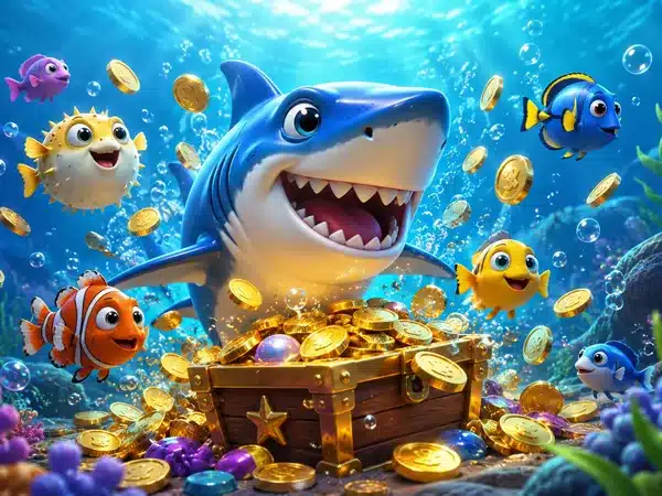 Decorative cartoon shark, fish and a treasure chest underwater