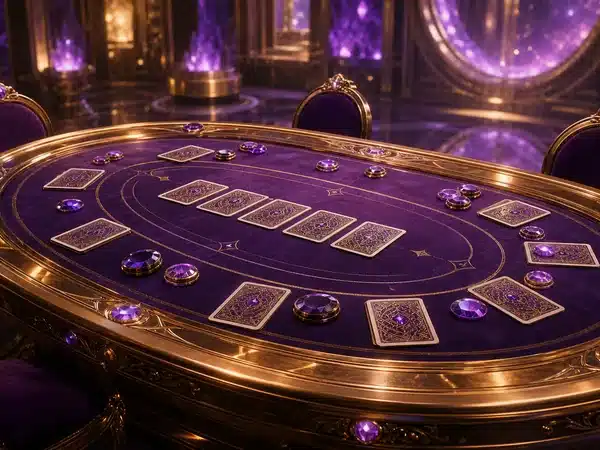 Decorative purple card table with face-down cards and purple chips