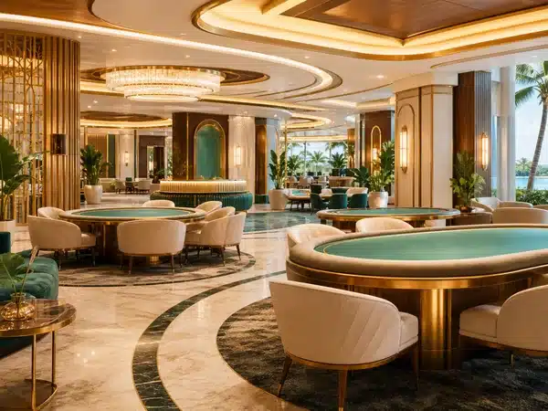Decorative sunlit lounge with green tables and gold ceiling details