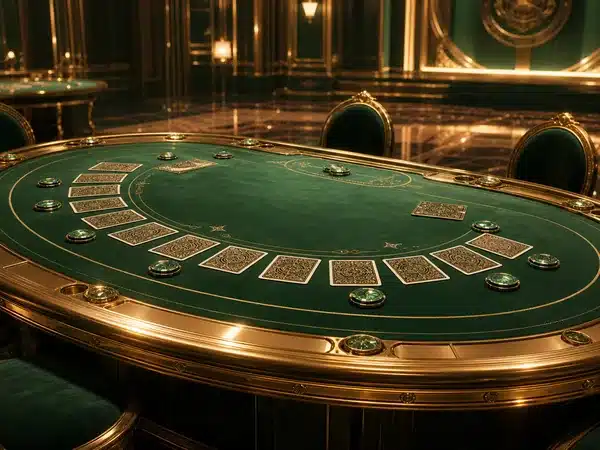 Decorative green card table with face-down cards and green chips