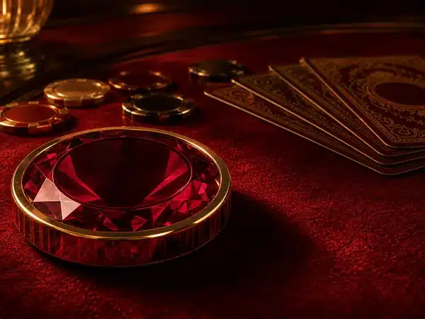 Playing cards and casino chips beside a red decorative gem