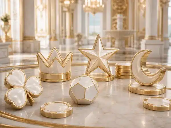 Gold crown, star and decorative symbols in a bright interior