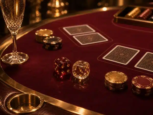 Decorative red card table with cards, dice, chips and a glass
