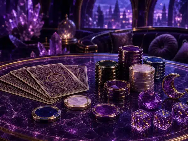 Decorative purple fantasy card table with chips, dice and crystals