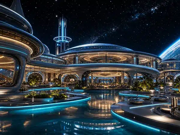 Decorative futuristic resort illustration with blue-lit pools under a starry sky