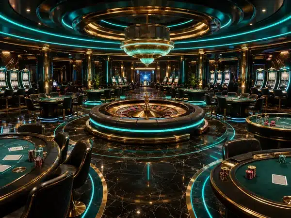 Decorative gaming hall with teal lighting and a central roulette wheel