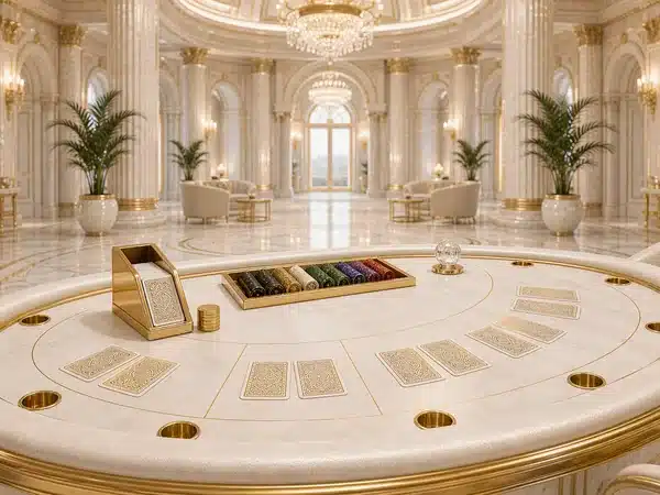 Decorative cream and gold card table in a bright lounge
