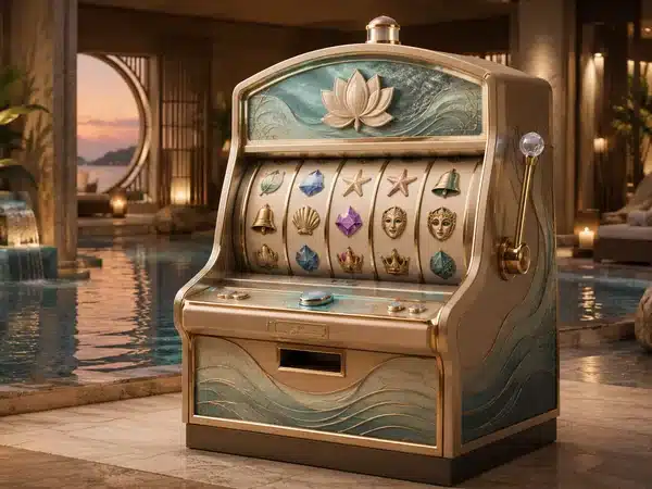 Decorative vintage slot machine with gold and green detailing