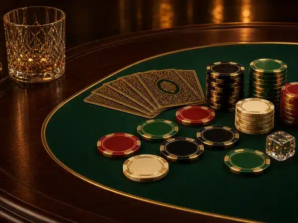 Decorative green card table with cards, dice and stacked chips