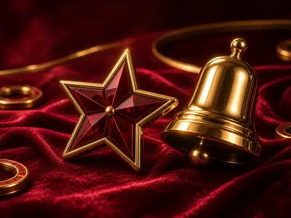 Decorative gold bell and red star on velvet
