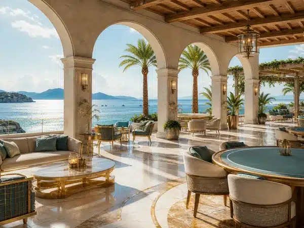 Decorative seaside lounge with palm trees and arches