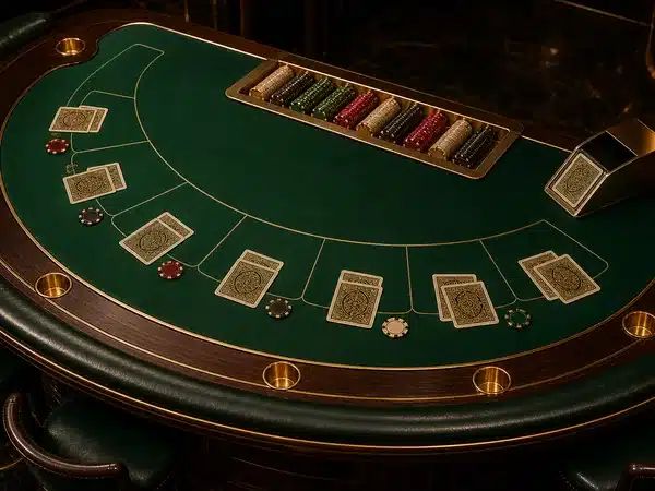 Decorative green card table with playing cards and chips