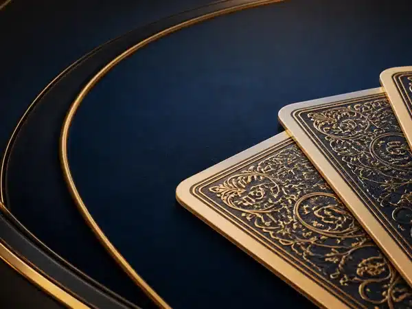 Decorative gold-edged playing cards on blue felt