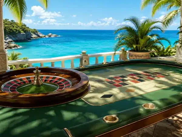 Decorative roulette table overlooking a tropical beach