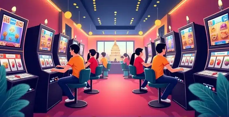Illustrative casino hall with rows of slot machines