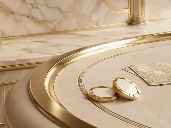 Gold-rimmed decorative chips on a cream marble table