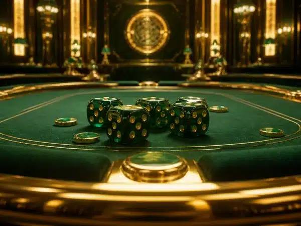 Green dice and gold chips on a green gaming table
