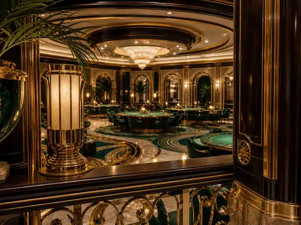 Decorative casino lounge with gold columns and green seating
