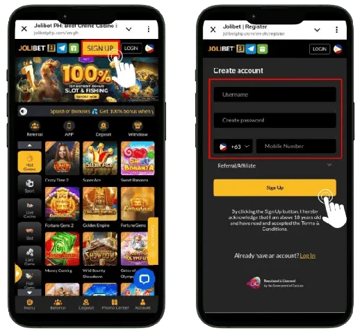 JOLIBET mobile registration screen showing username, password and mobile number fields JOLIBET mobile registration screen showing username, password and mobile number fields