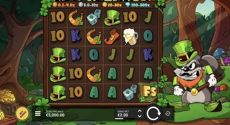 Le Prechaun Slot base-game grid showing Irish symbols and the FS symbol Le Prechaun Slot base-game grid showing Irish symbols and the FS symbol